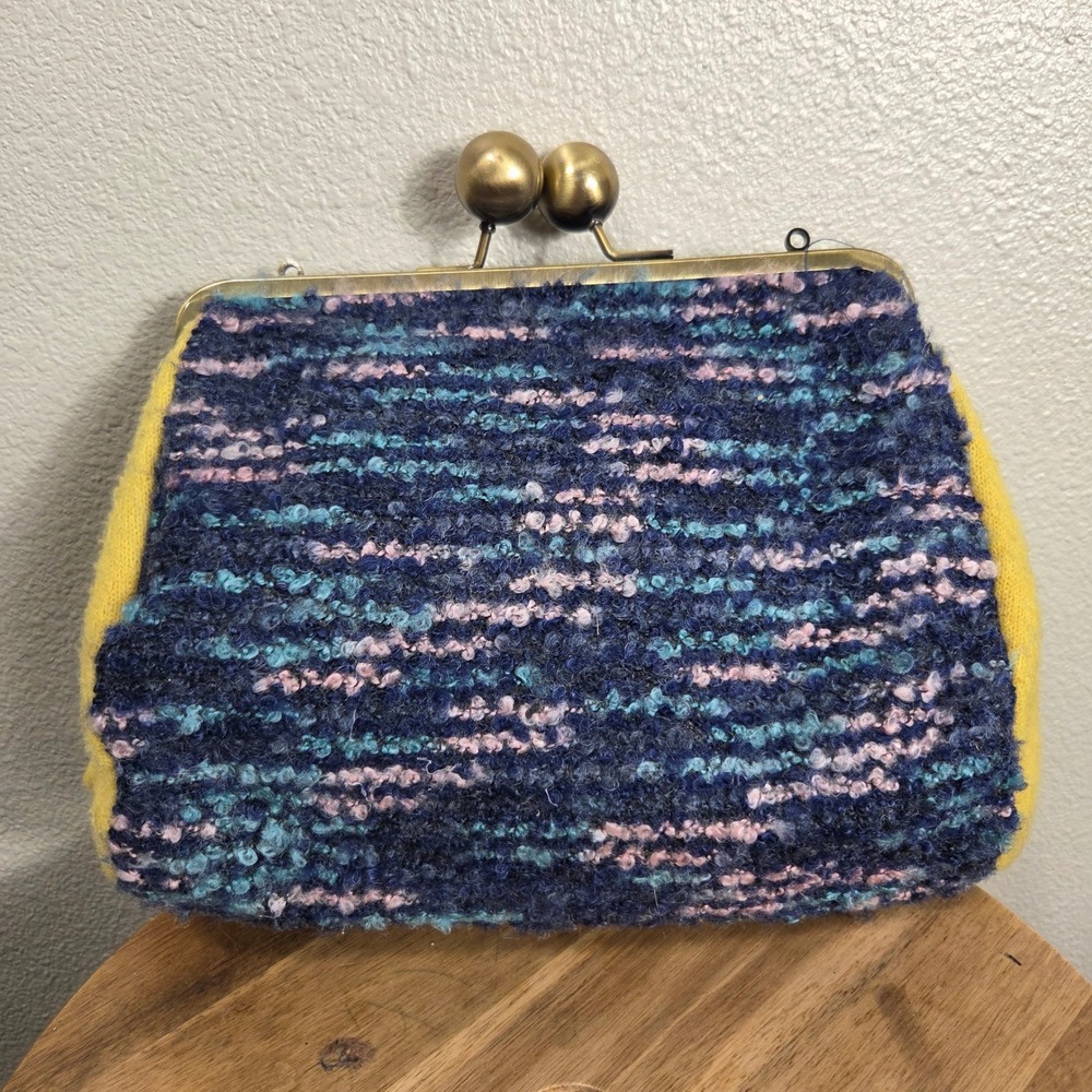Textured Bouclé Kisslock Frame Clutch Bag Navy Mustard Pink Vintage Style